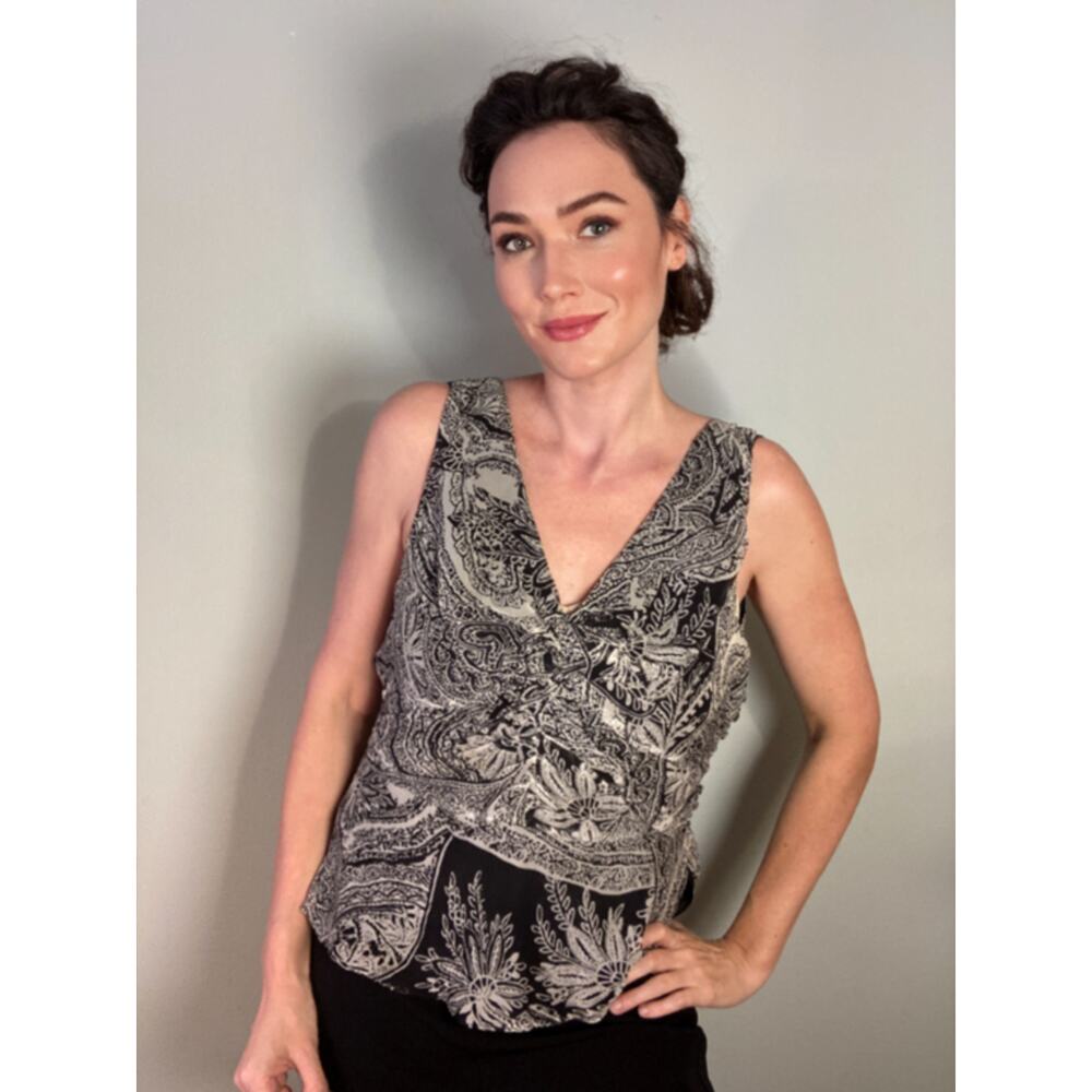 Vintage Ice Paisley Black & White Print Silk Top Lined  Sz L Versatile & Lovely!